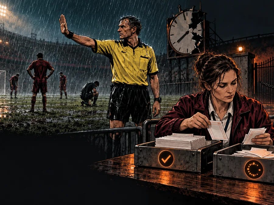 A referee stops a rain-soaked football match while a settlement clerk separates completed and unfinished betting tickets.