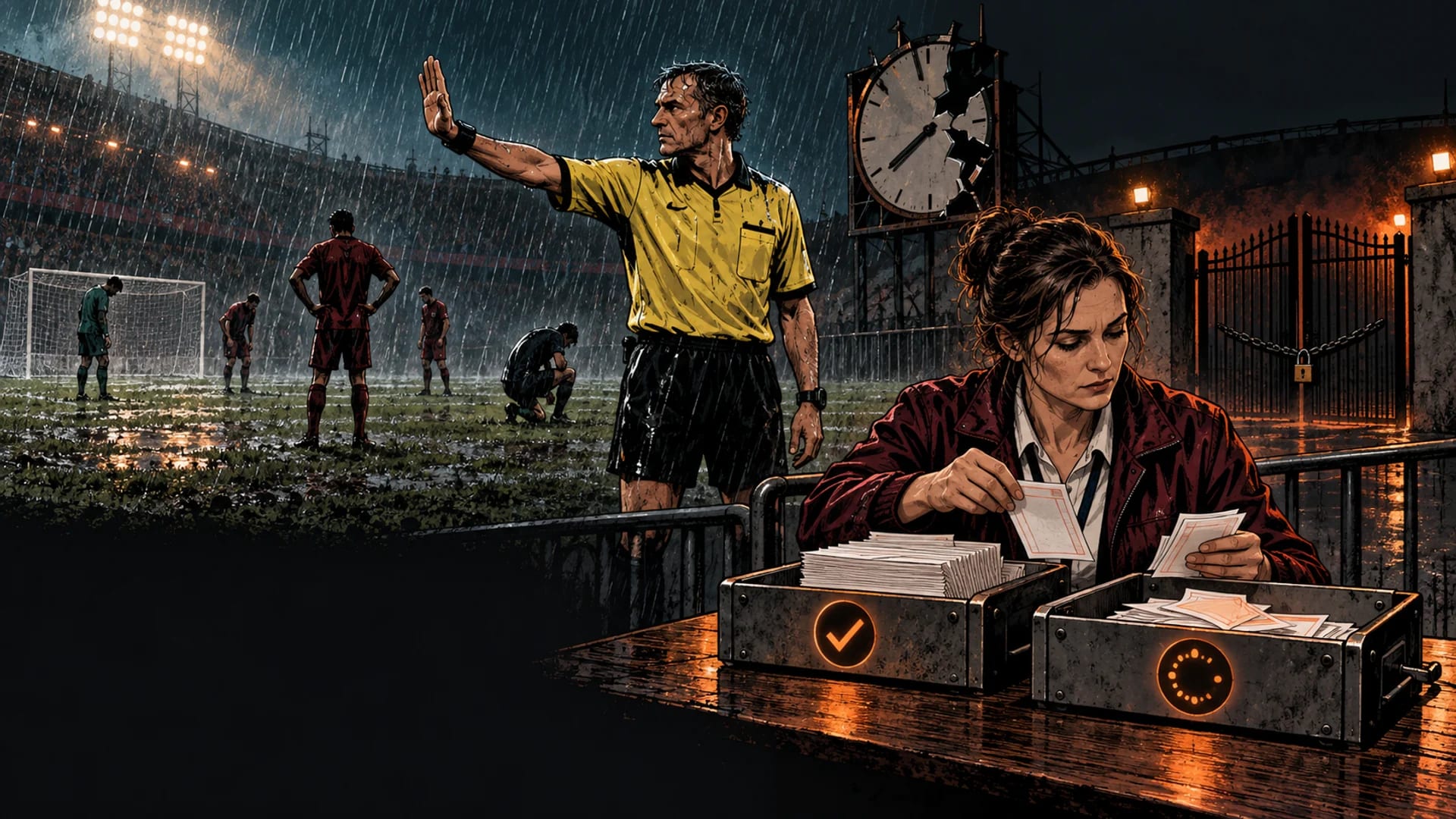 A referee stops a rain-soaked football match while a settlement clerk separates completed and unfinished betting tickets.