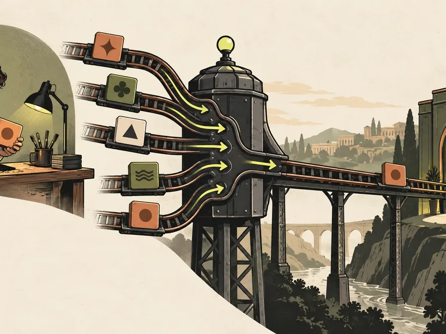 A game maker feeds one tile into a large railway junction that combines several suppliers into one route toward a casino lobby.