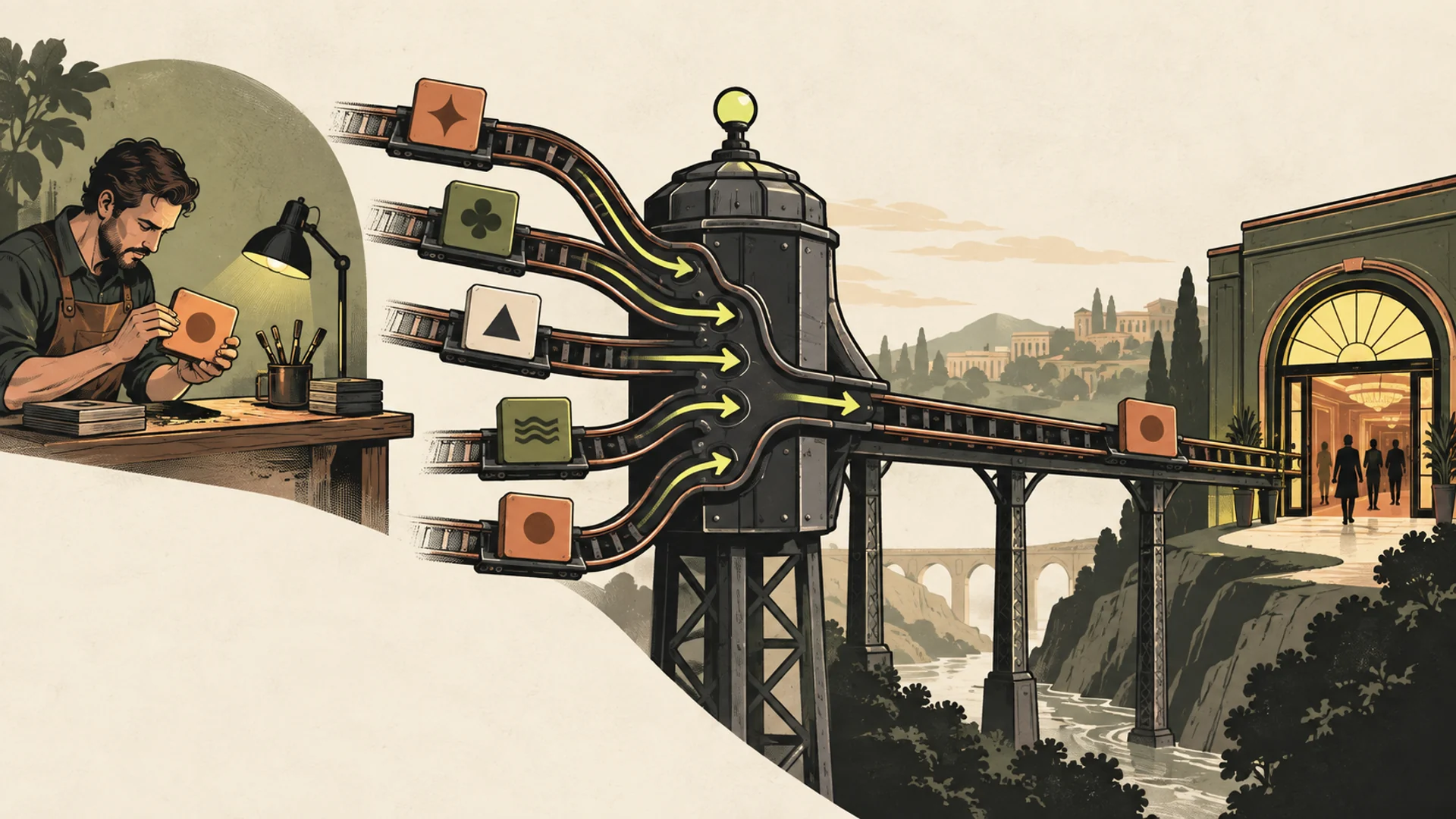 A game maker feeds one tile into a large railway junction that combines several suppliers into one route toward a casino lobby.