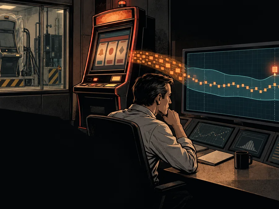 A casino operations analyst watches a generic game machine feed transactions into a statistical monitoring console.