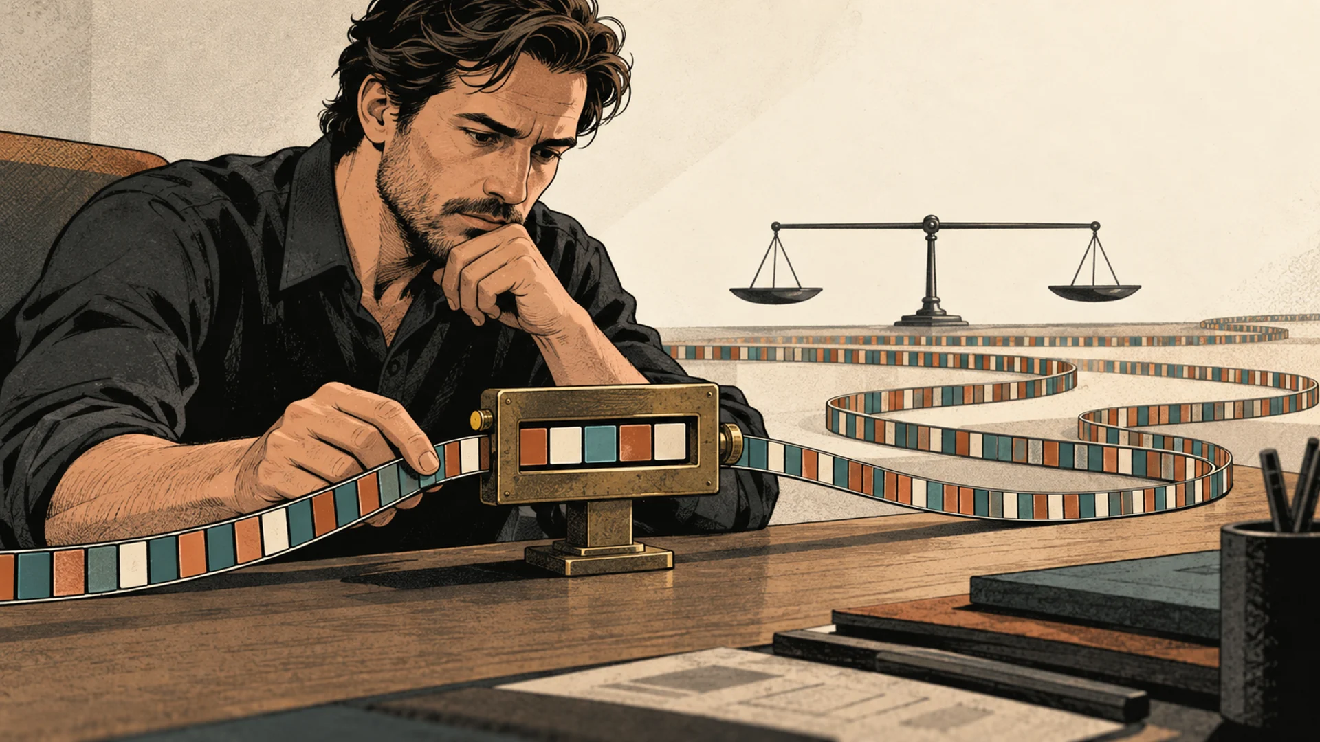 A fictional game mathematician studies five abstract outcome tiles through a small viewer while a much longer tile ribbon crosses the workbench.