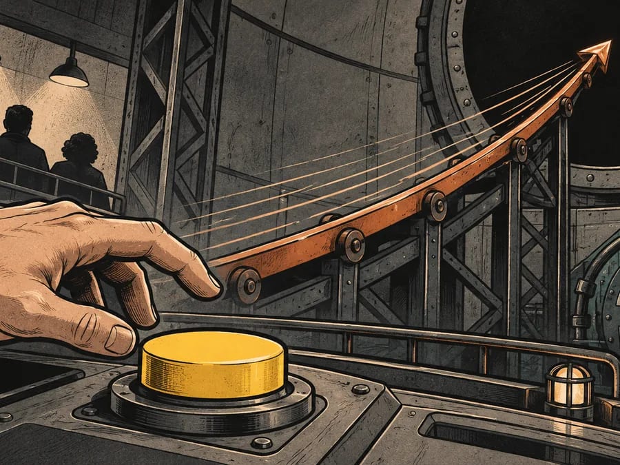 An adult hand hovers over an exit button as a copper path rises toward a concealed stopping point.