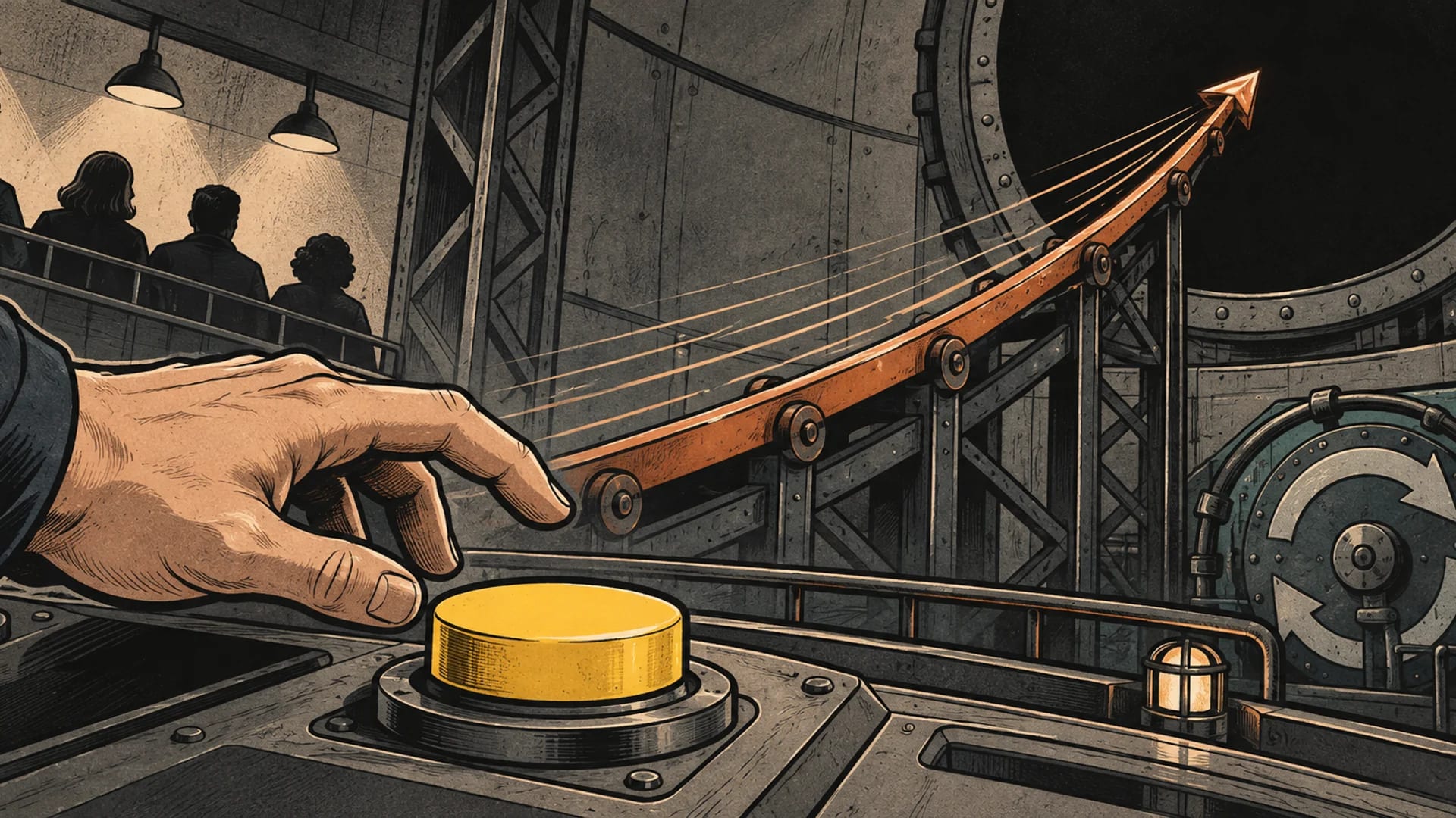 An adult hand hovers over an exit button as a copper path rises toward a concealed stopping point.