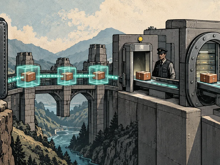 A copper parcel moves through a wallet portal, confirmation bridge, screening gate, ledger vault and treasury reservoir.