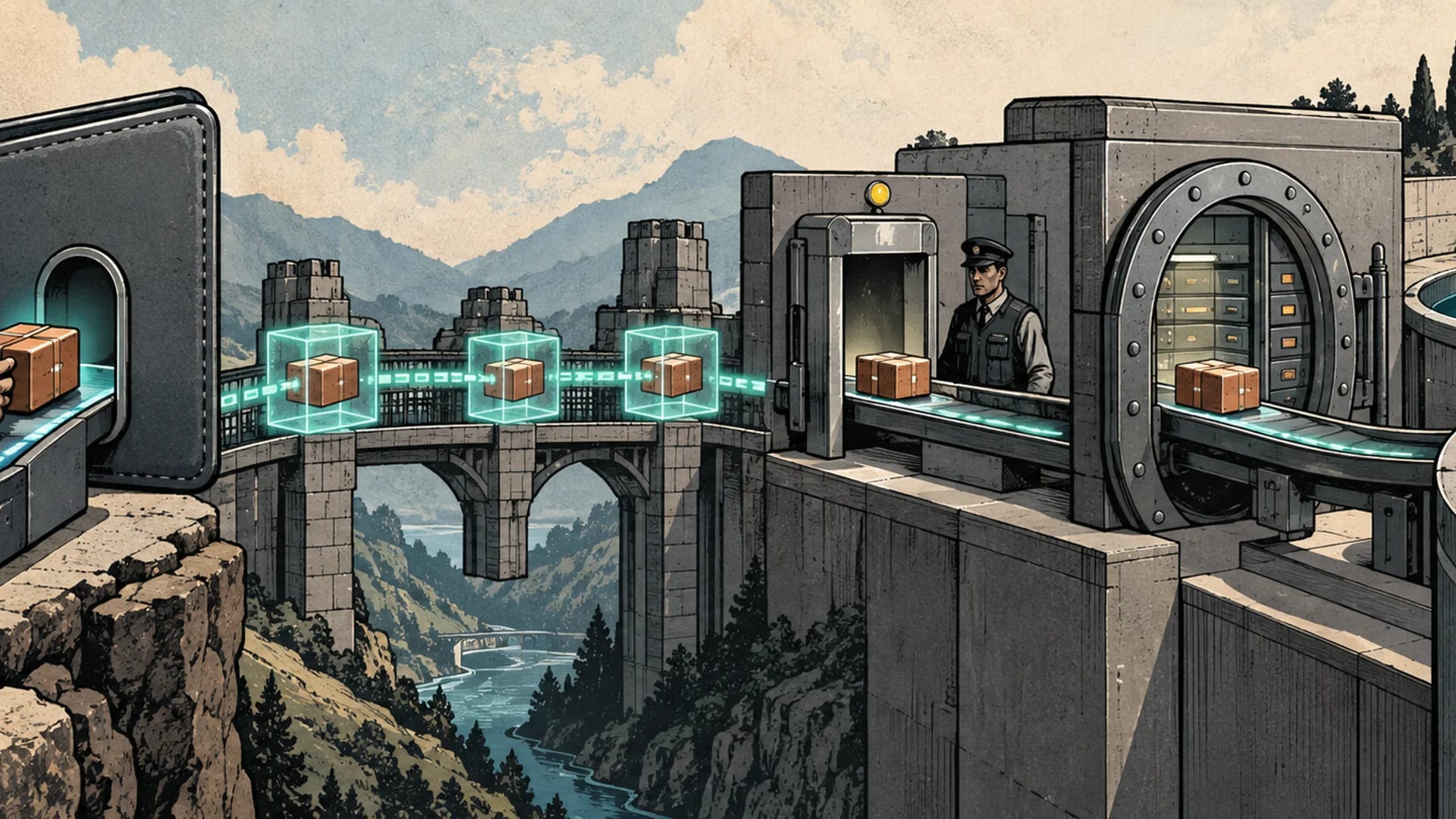 A copper parcel moves through a wallet portal, confirmation bridge, screening gate, ledger vault and treasury reservoir.