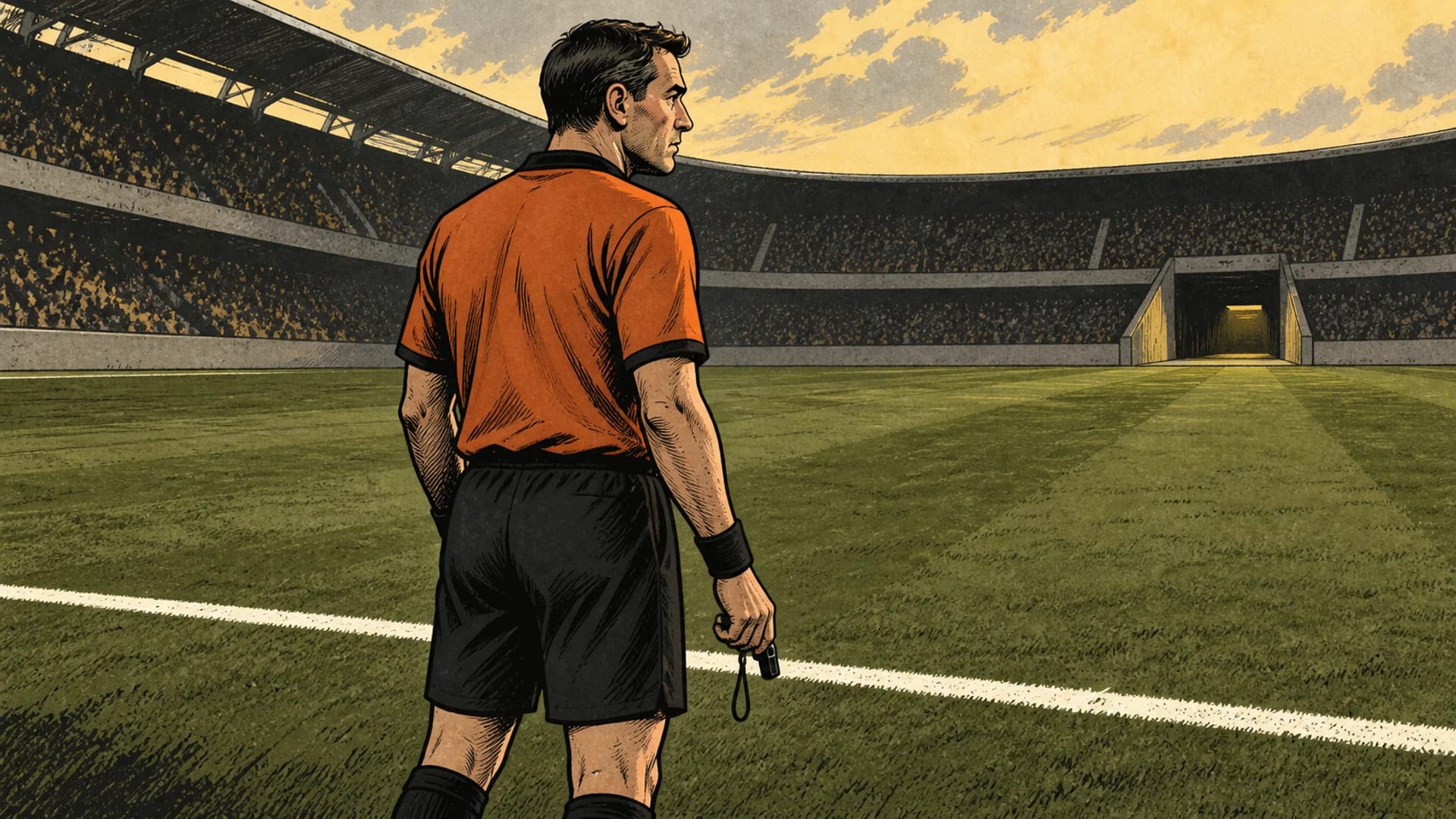 An adult referee holds a whistle beside a football pitch that continues beyond a white field line towards a distant tunnel.