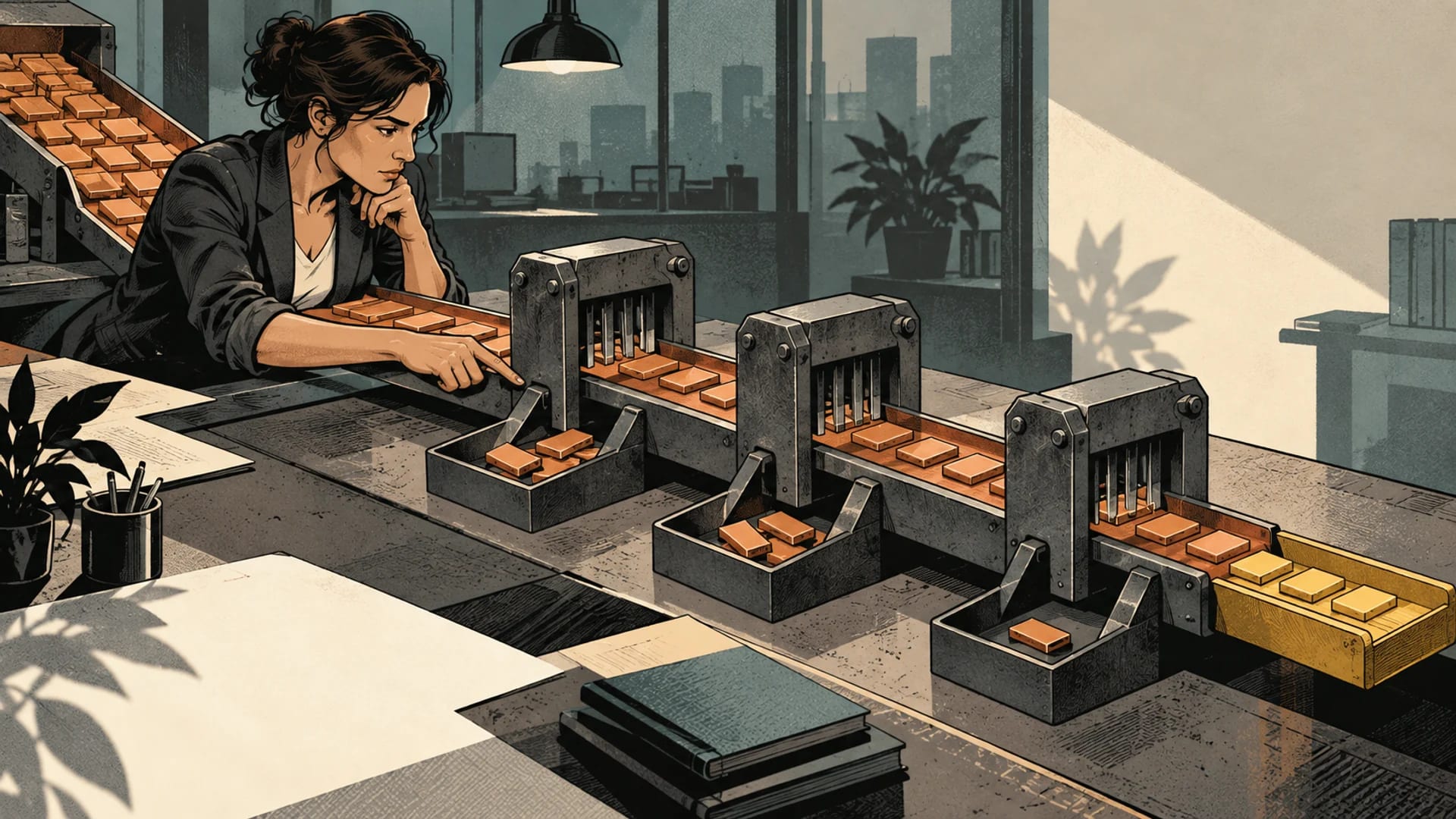 A fictional commercial analyst traces an affiliate revenue-share stream through three graphite deduction gates into a smaller yellow output tray.