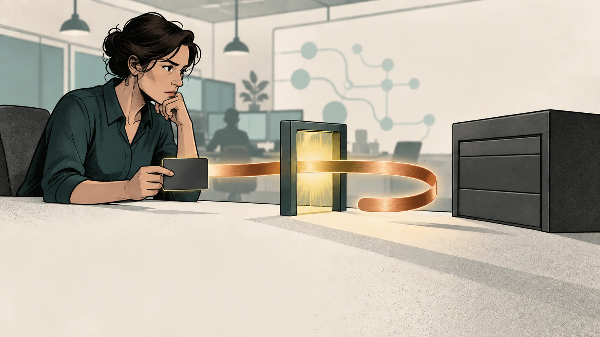 A fictional payments analyst follows a copper card-payment path through an authorisation gate before it curls back from an uncredited ledger drawer.