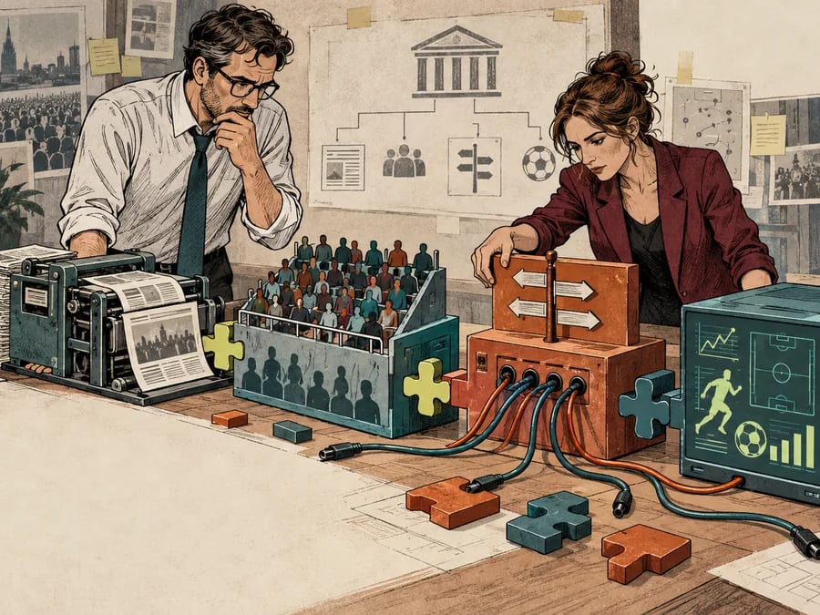 Financial editors inspect a media press, audience gallery and data engine being connected to a gambling group.