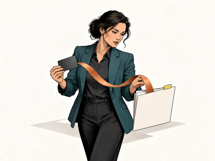 A fictional compliance reviewer traces a copper ribbon from a blank payment tile to a plain document folder.
