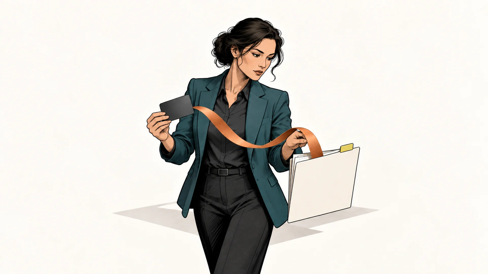 A fictional compliance reviewer traces a copper ribbon from a blank payment tile to a plain document folder.