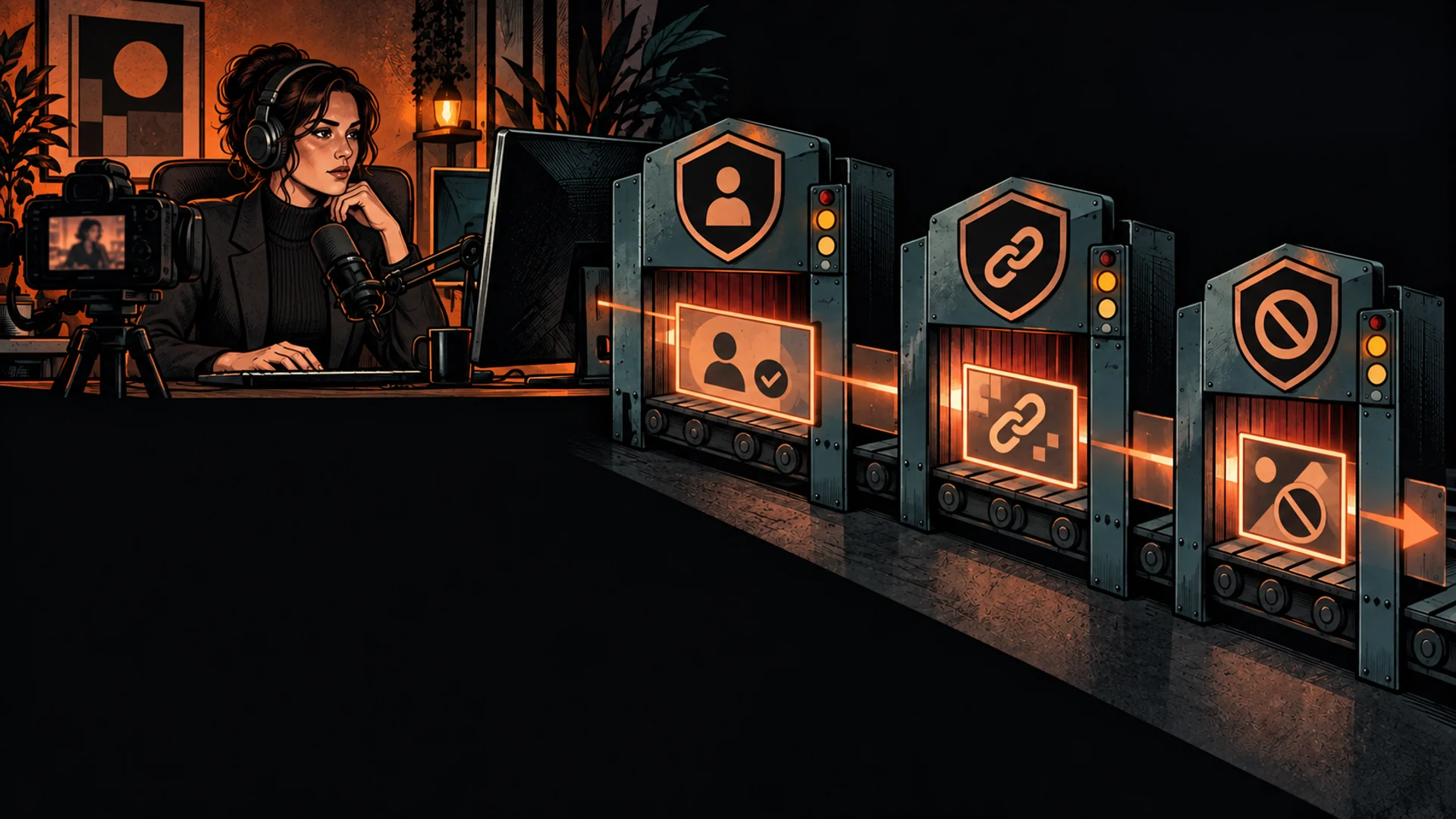 An adult creator sits at a streaming desk while separate platform, advertising and licensing gates frame the broadcast.