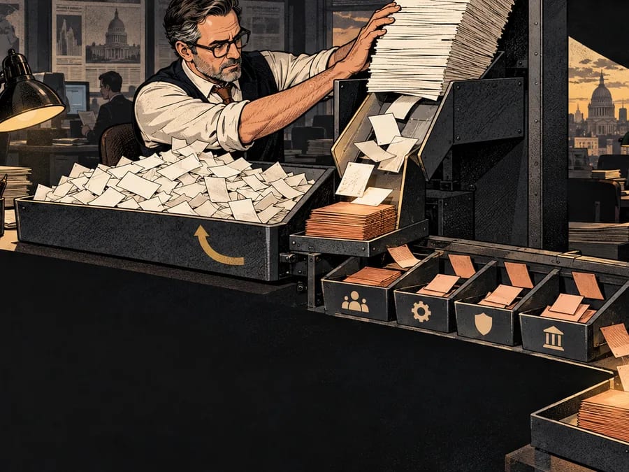 A finance editor sorts a large flow of wager slips through winnings and expense trays.