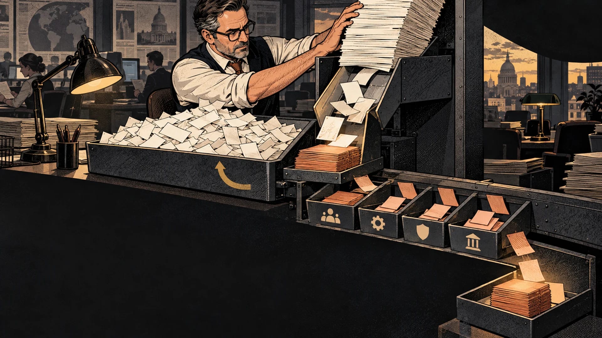 A finance editor sorts a large flow of wager slips through winnings and expense trays.