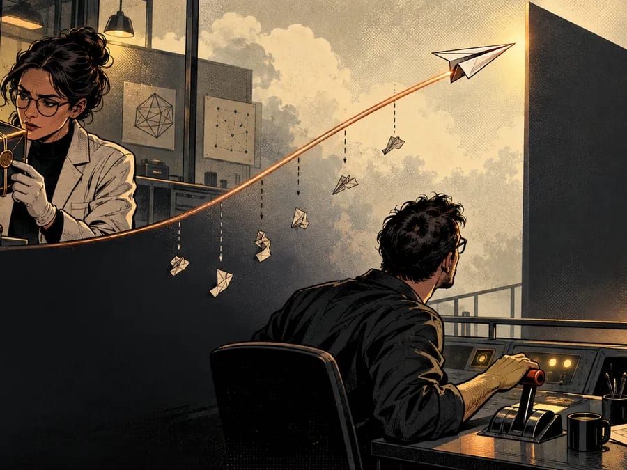 A paper aircraft follows a rising copper path toward a screen that hides the rest of its flight.