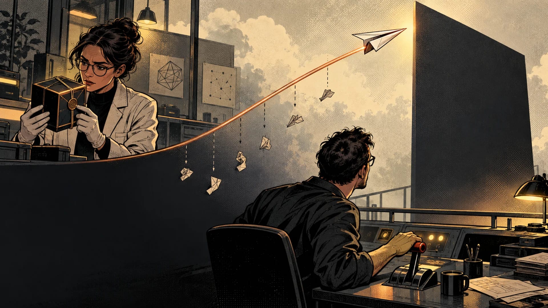 A paper aircraft follows a rising copper path toward a screen that hides the rest of its flight.