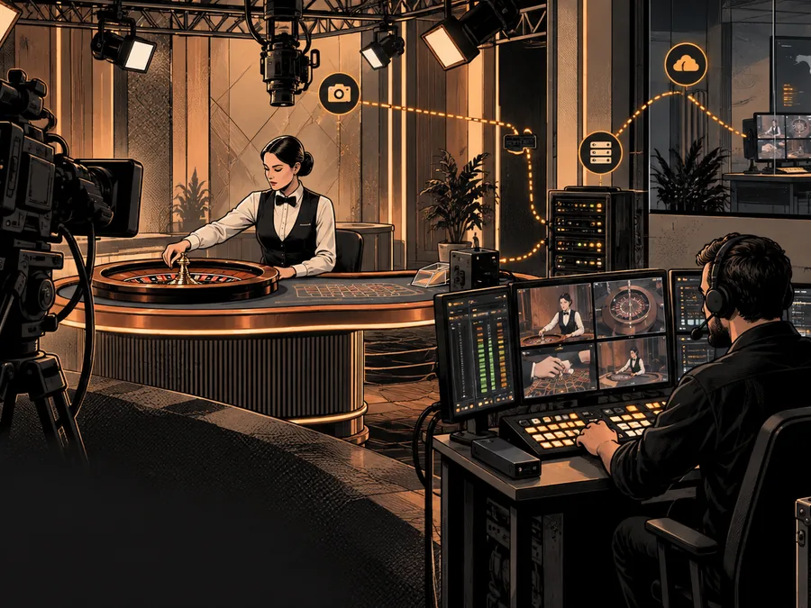 A dealer, broadcast camera and production technicians operate a generic live casino table.