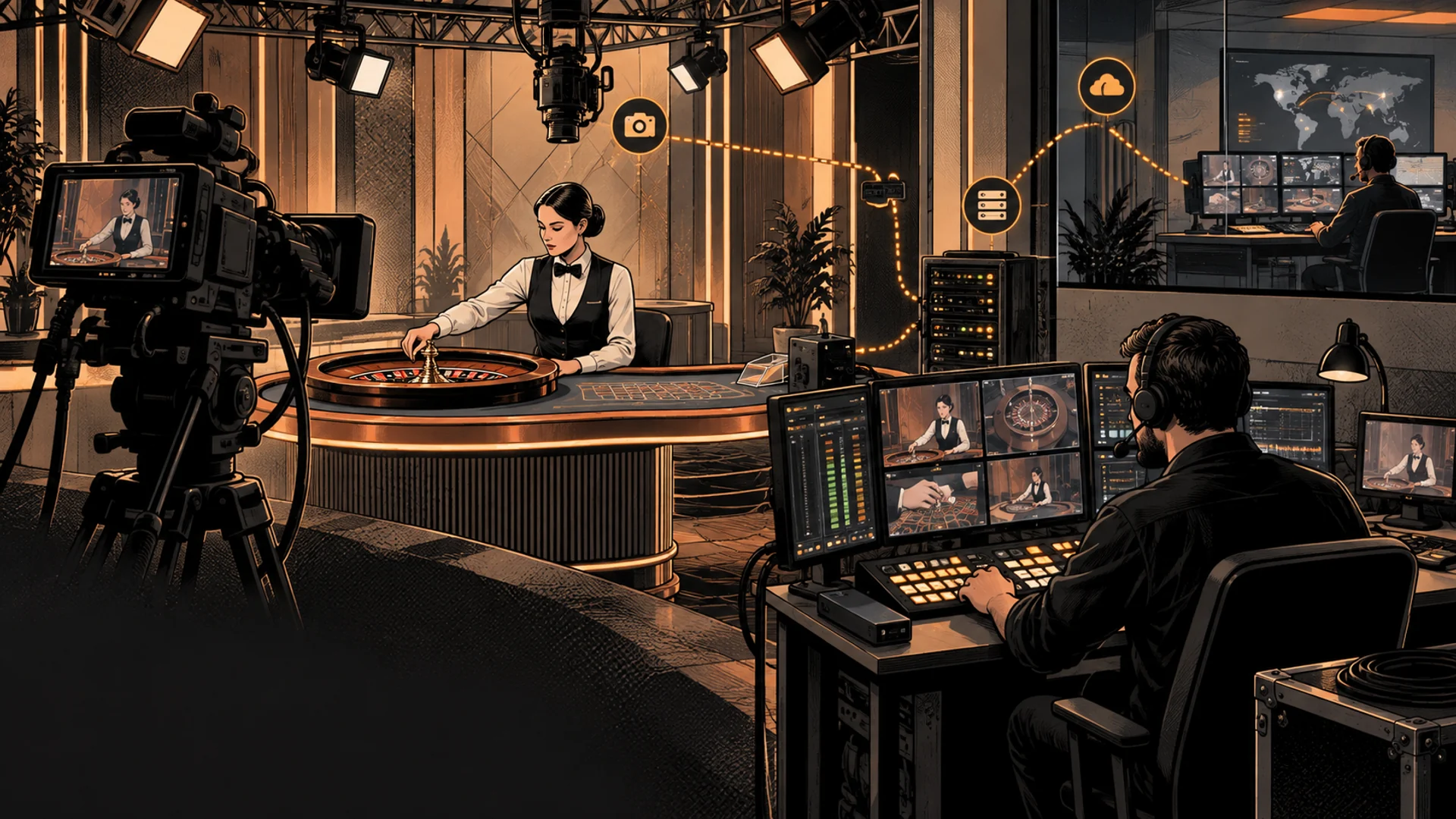 A dealer, broadcast camera and production technicians operate a generic live casino table.