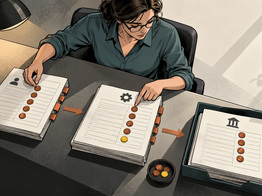 A payments analyst matches a player ledger, processor batch and bank receipt across an angled operations desk.