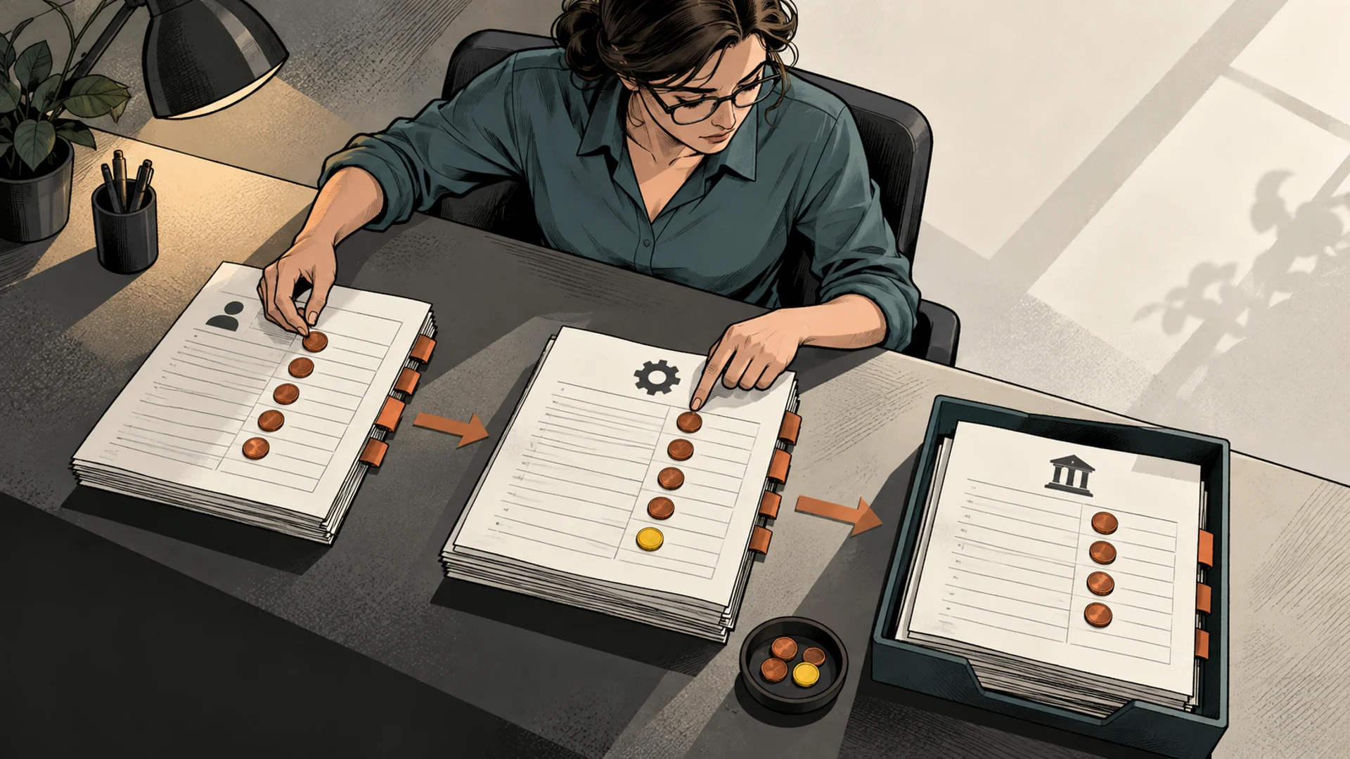 A payments analyst matches a player ledger, processor batch and bank receipt across an angled operations desk.