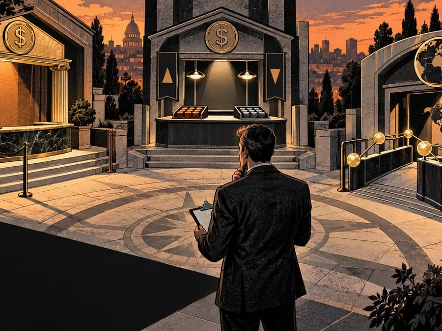 An editor compares three separate market entrances around an architectural courtyard.