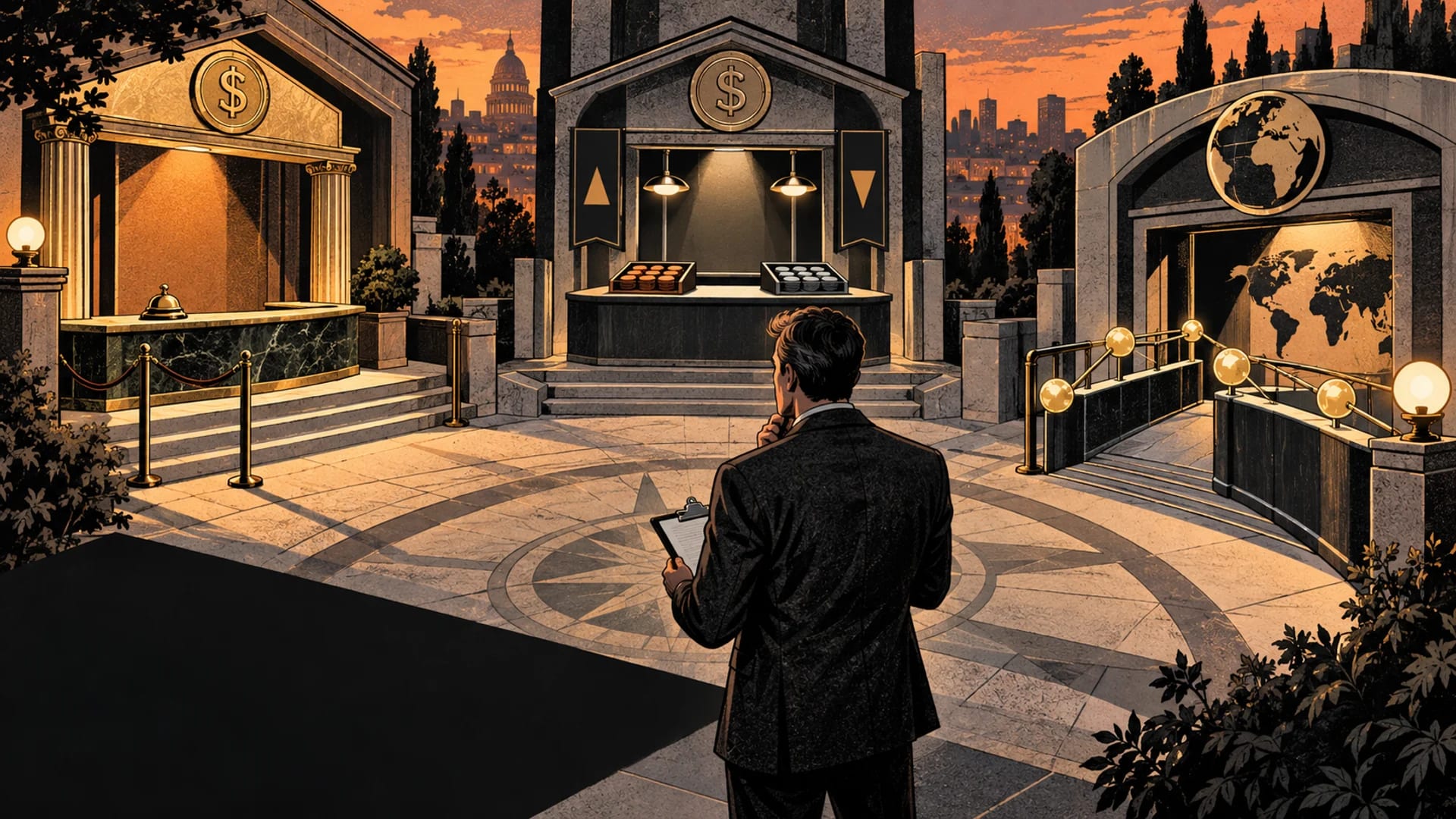 An editor compares three separate market entrances around an architectural courtyard.