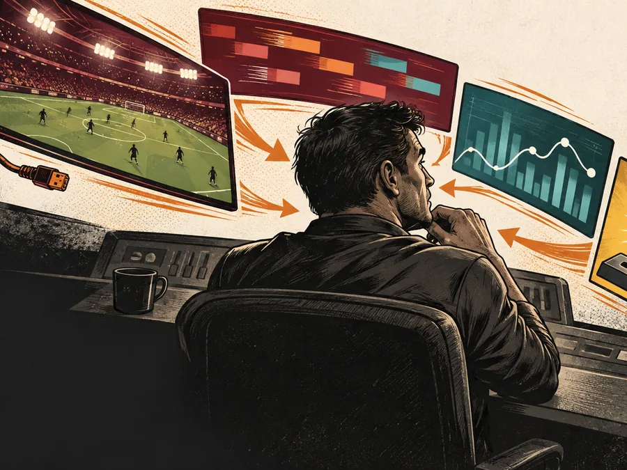 An adult viewer at a live sports desk faces competing generic stream, odds, statistics and cash-out panels.