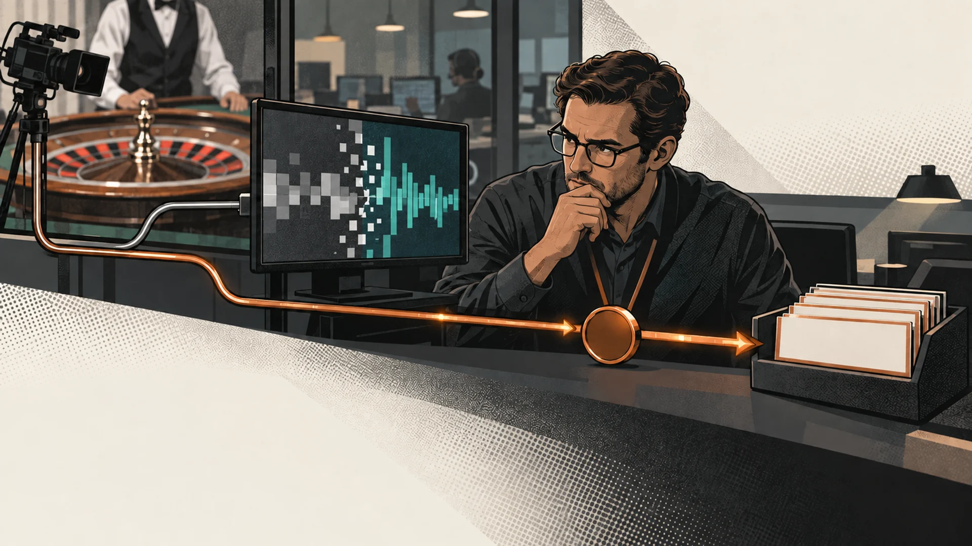 A fictional live-casino operations analyst traces one accepted wager past a broken video monitor toward a recorded table result and account ledger.