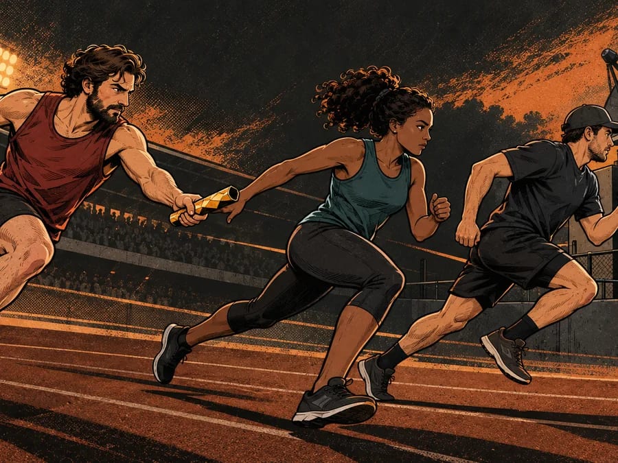 Three relay runners carry a copper signal baton past a stadium and data equipment.
