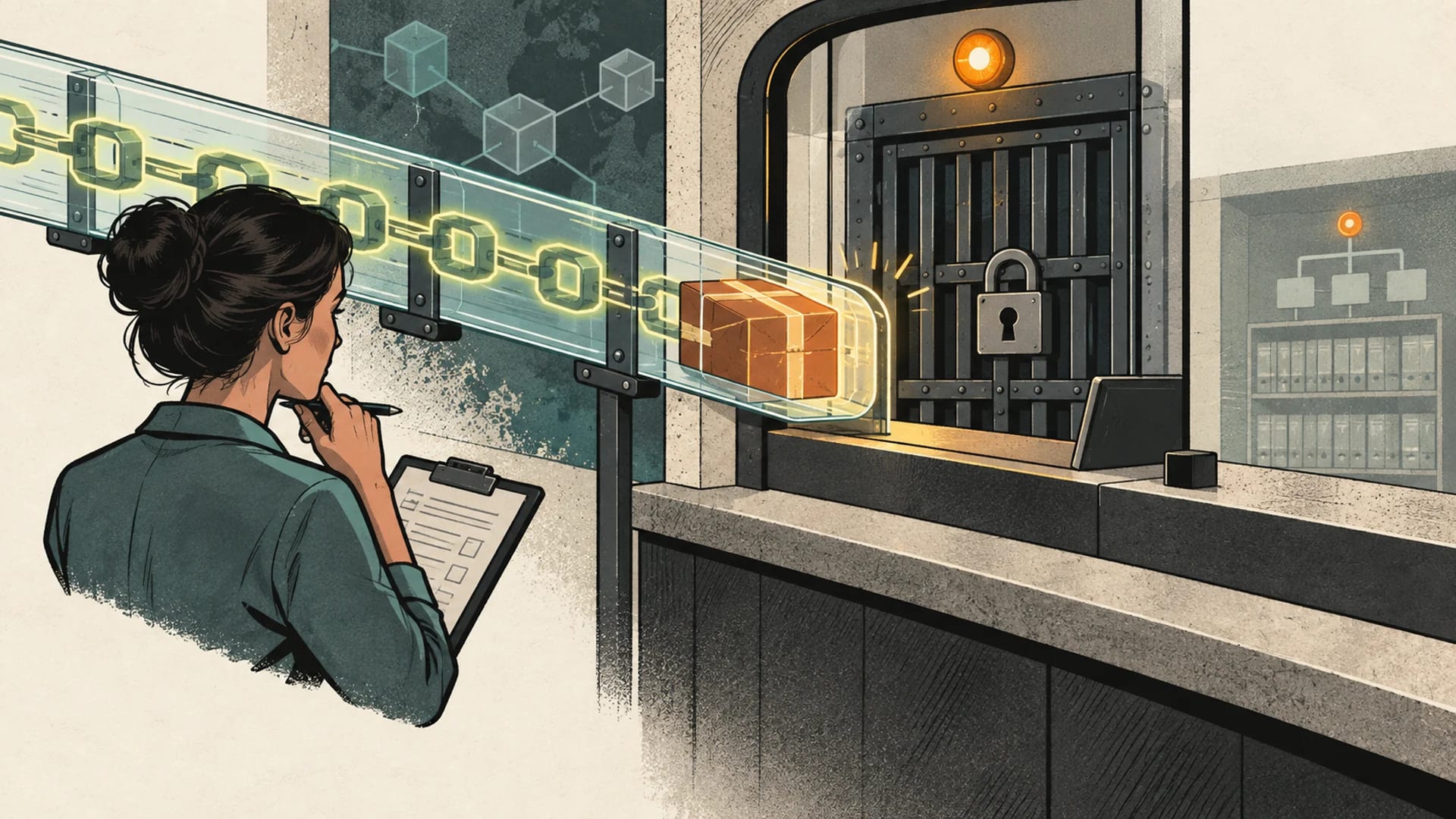A copper payment parcel has arrived on a transparent chain rail while an operator traces the locked cashier ledger gate.