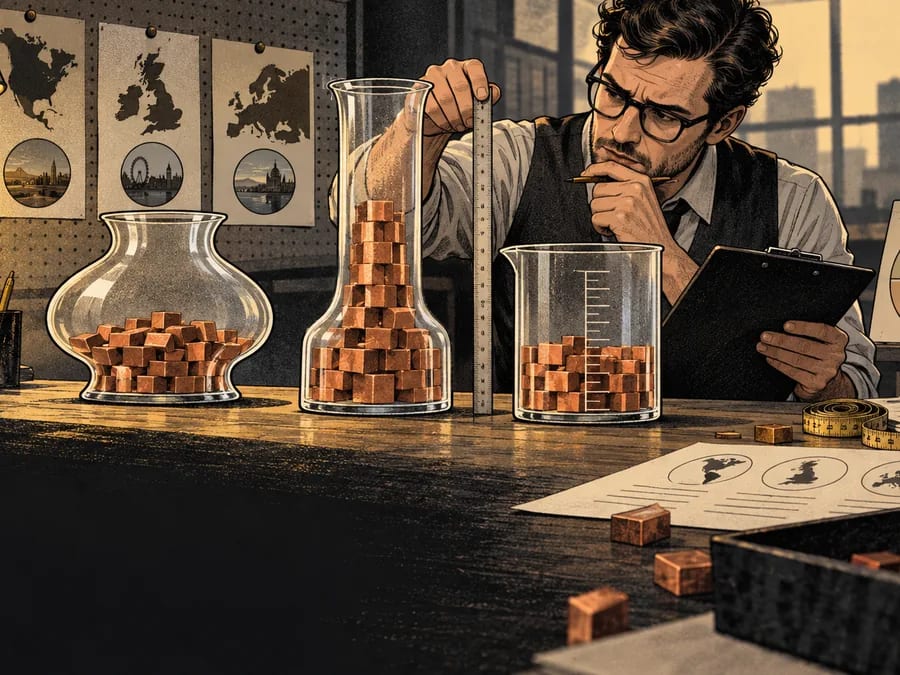A data editor compares differently shaped measuring vessels filled with copper data blocks.