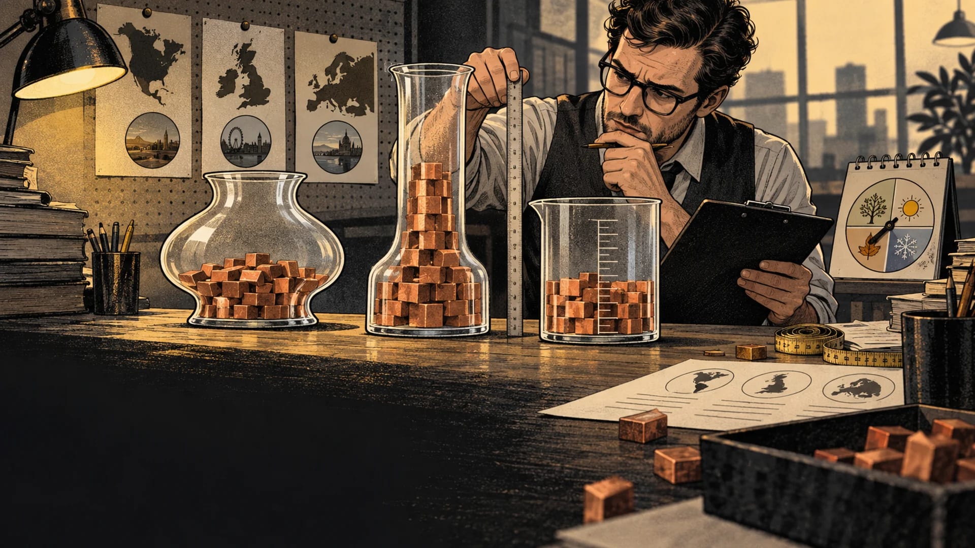 A data editor compares differently shaped measuring vessels filled with copper data blocks.