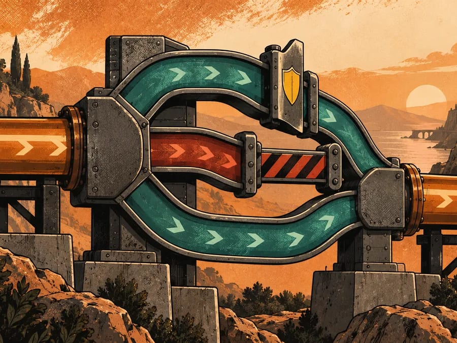An editorial comic routing junction divides a copper payment stream through guarded paths.
