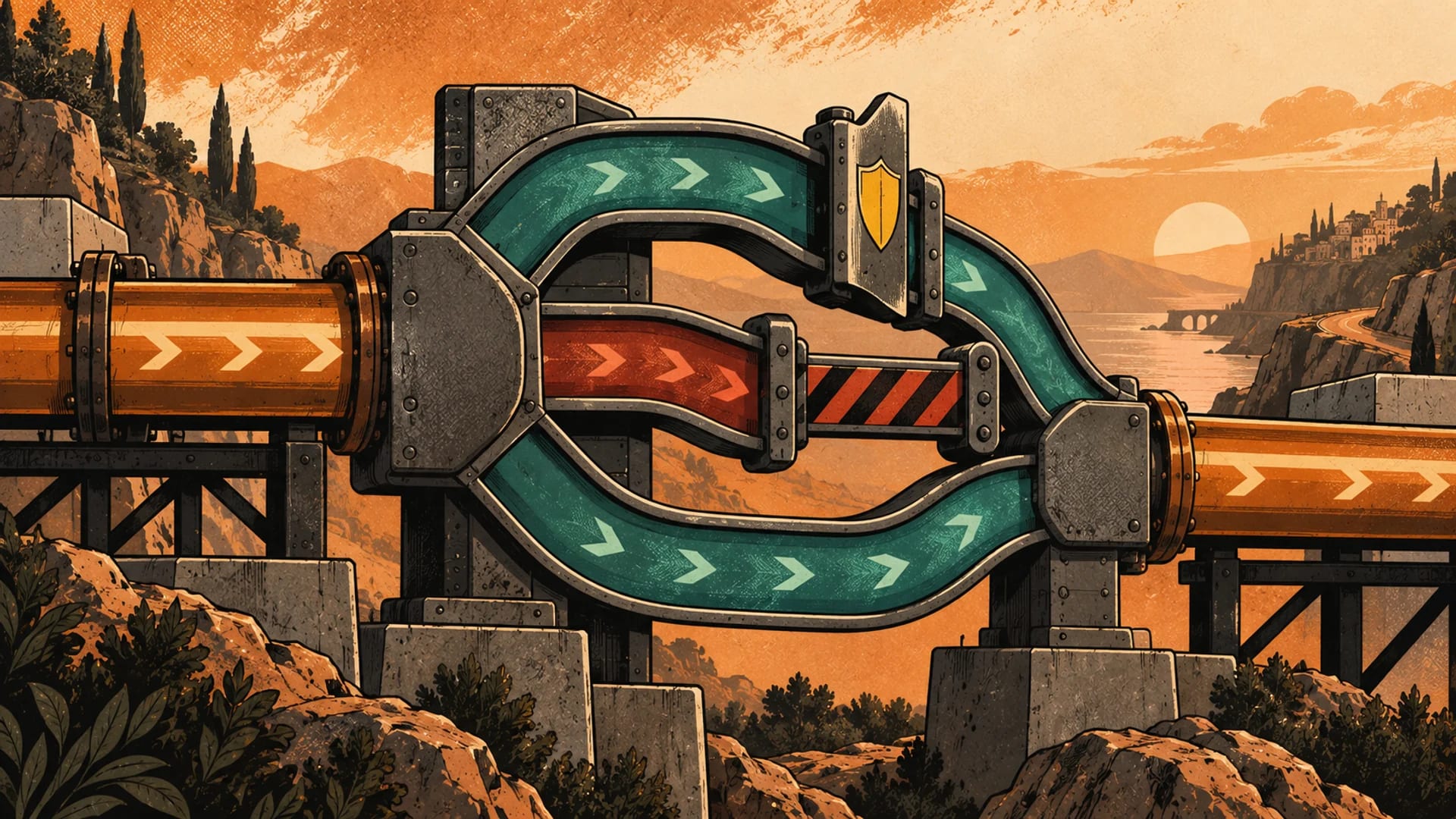An editorial comic routing junction divides a copper payment stream through guarded paths.