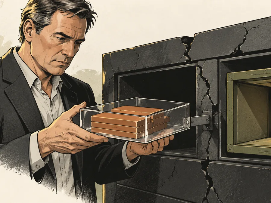 A fictional insolvency administrator lifts a transparent tray of copper account tiles from a cracked business cabinet beside an independent framed compartment.