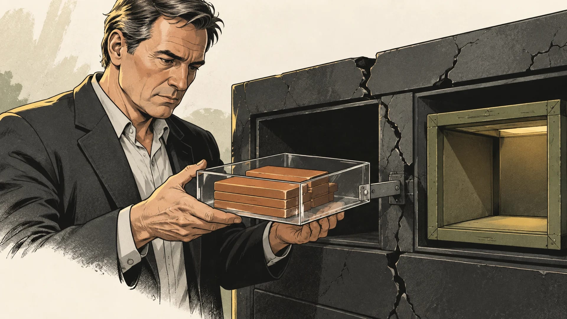 A fictional insolvency administrator lifts a transparent tray of copper account tiles from a cracked business cabinet beside an independent framed compartment.