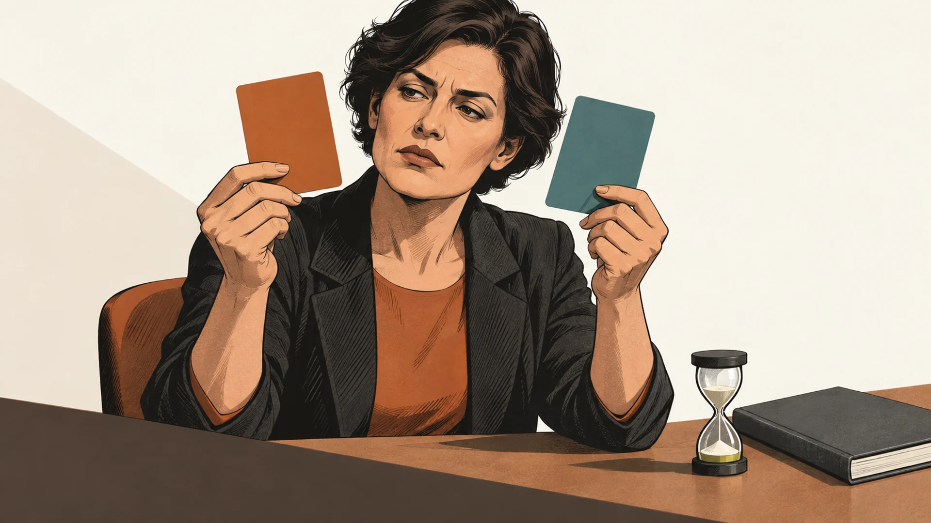 An adult reviewer compares blank copper and teal cards beside an hourglass and a closed rulebook.