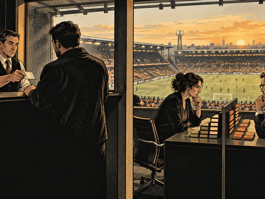 A staffed betting counter and a two-sided exchange desk overlook the same football stadium.