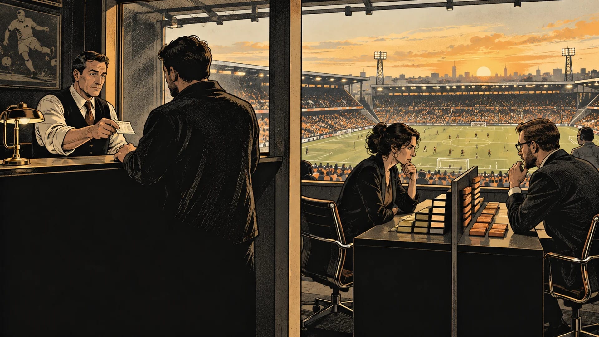 A staffed betting counter and a two-sided exchange desk overlook the same football stadium.
