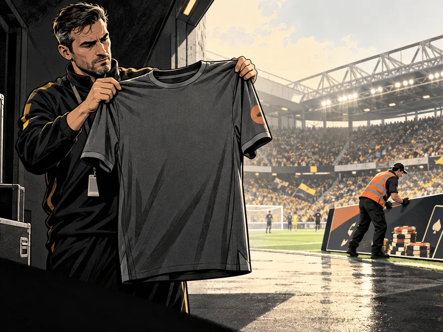 An adult kit manager holds a blank-front shirt in a football stadium tunnel while an advertising panel is moved.