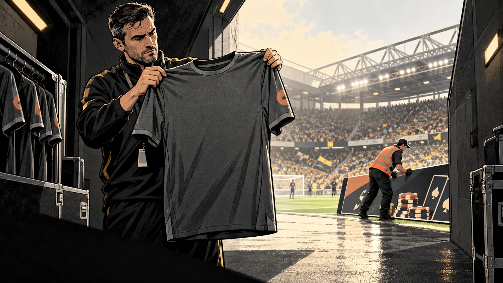 An adult kit manager holds a blank-front shirt in a football stadium tunnel while an advertising panel is moved.