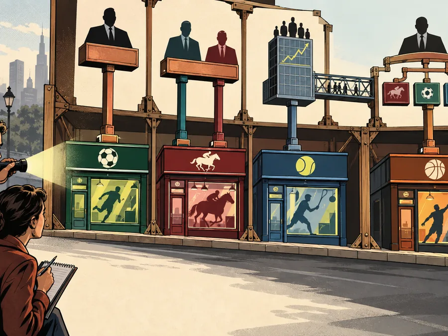 Two financial journalists inspect distinct structural rigs connecting generic sportsbook shopfronts to different owners and an access bridge.