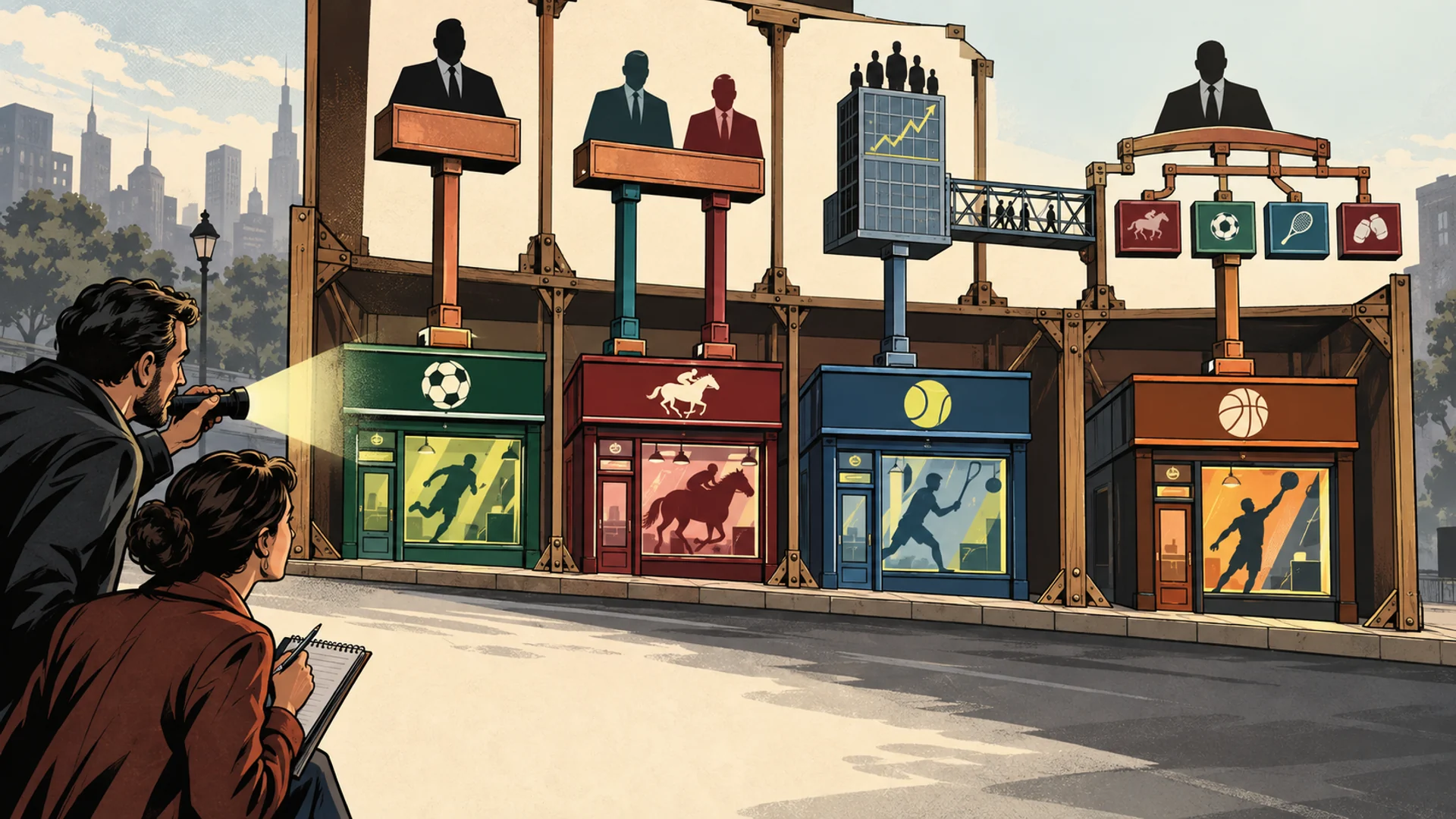 Two financial journalists inspect distinct structural rigs connecting generic sportsbook shopfronts to different owners and an access bridge.
