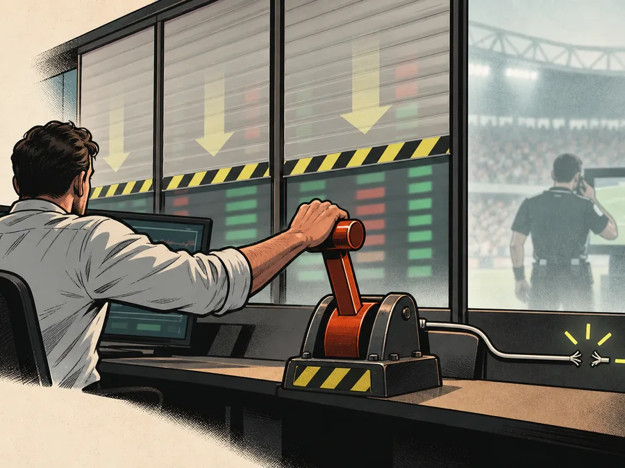A sportsbook trader pulls a mechanical brake as shutters close over a market board and a data cable pauses.