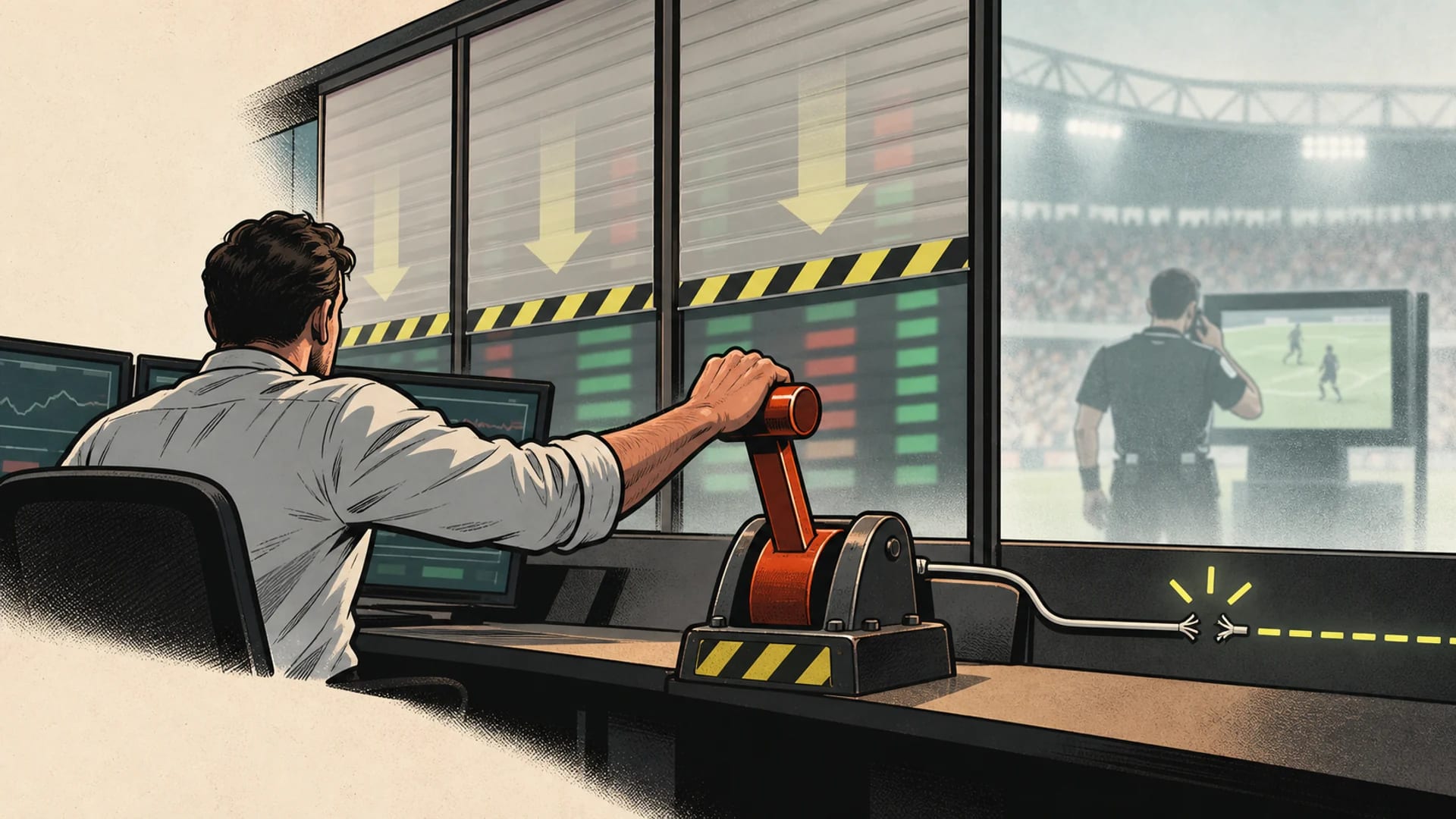 A sportsbook trader pulls a mechanical brake as shutters close over a market board and a data cable pauses.