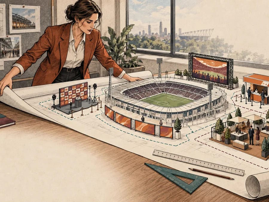 A rights manager unrolls a stadium plan separating boards, backdrops, digital placements and ticket activation.