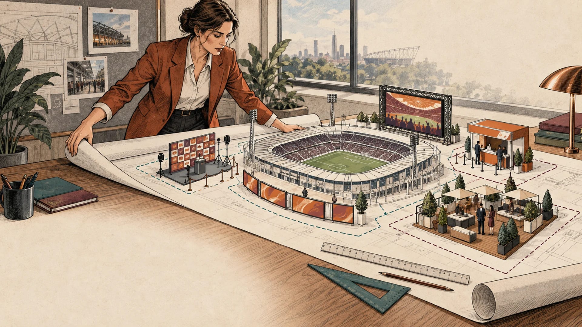 A rights manager unrolls a stadium plan separating boards, backdrops, digital placements and ticket activation.