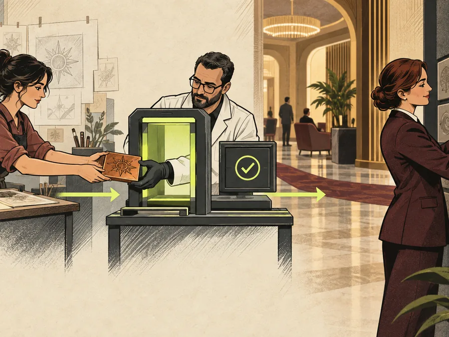 A copper game tile passes from a studio craftsperson through a technical inspection gate to a lobby editor.