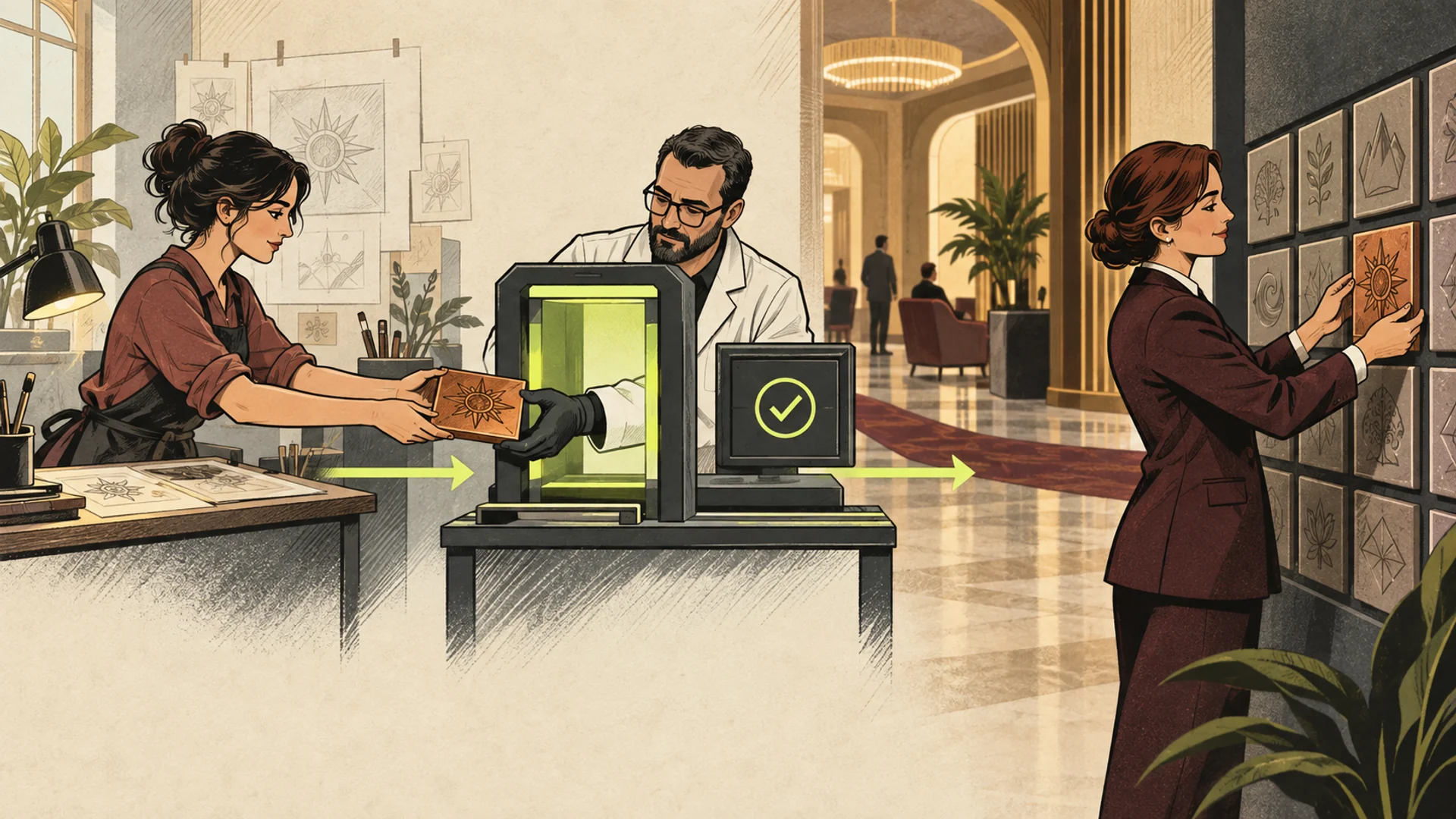 A copper game tile passes from a studio craftsperson through a technical inspection gate to a lobby editor.